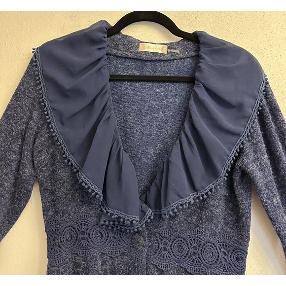 Altar’d State Ruffle Button Down Blue Sweater Cardigan Dress Small Side Pockets - Picture 3 of 16